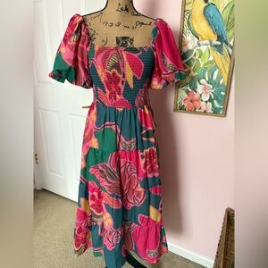 Crystal Doll Teal and Fuchsia Floral Tiered Midi Dress